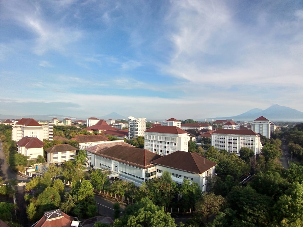 an aerial view of a city with a mountain in the background