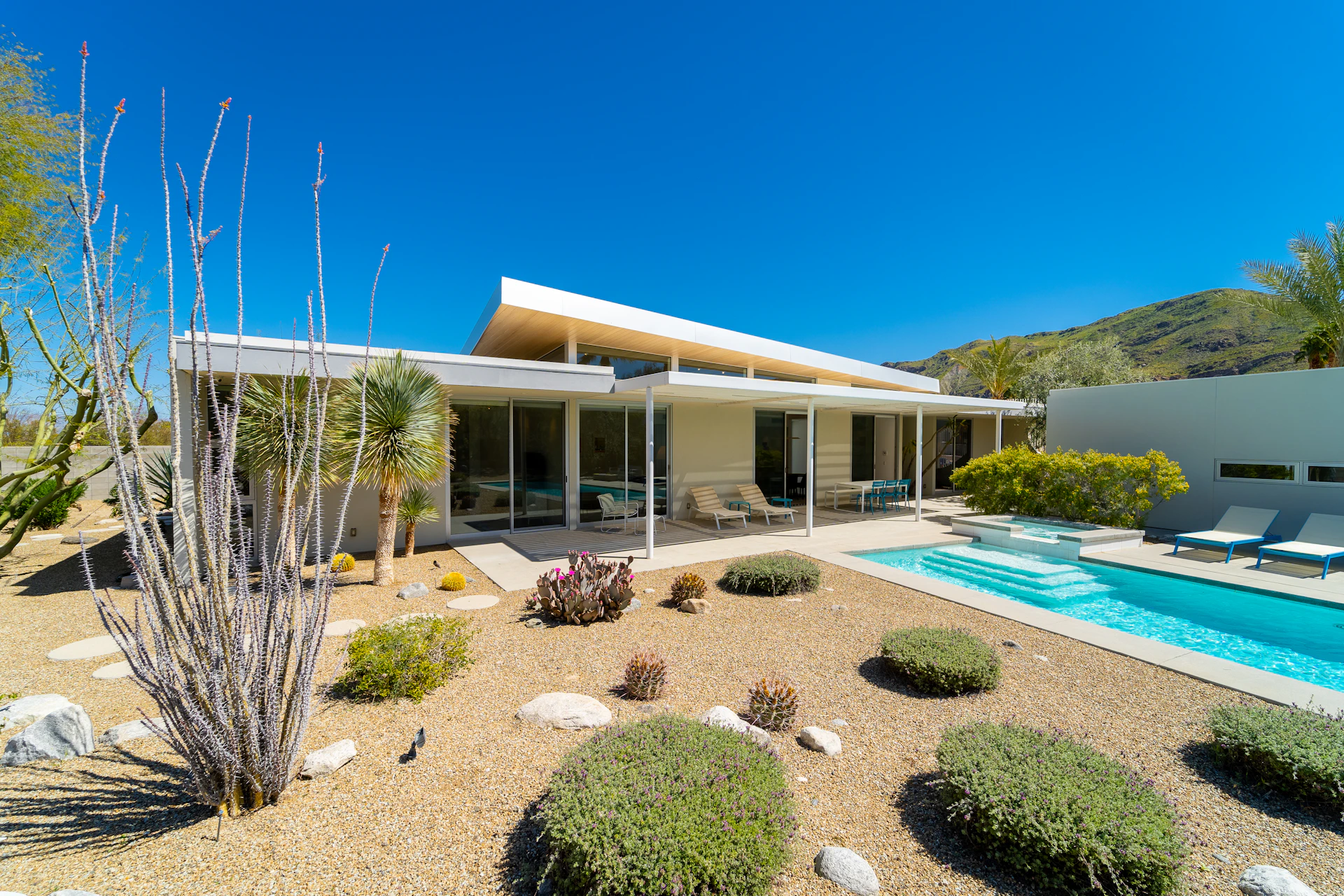 Mid-century desert home with a pool and native landscaping