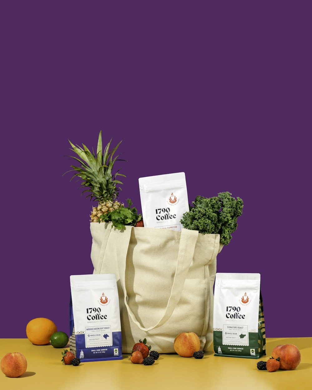 a tote bag filled with fruit and vegetables