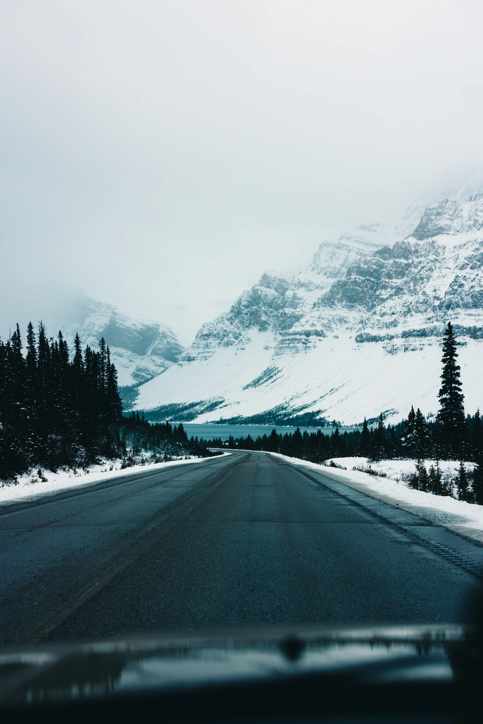 Voiture roulant sur une route enneigee bordee de sapins en hiver