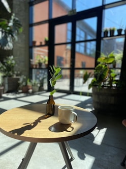 a table with a coffee cup and a plant on it