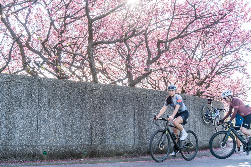 a couple of people riding bikes down a street