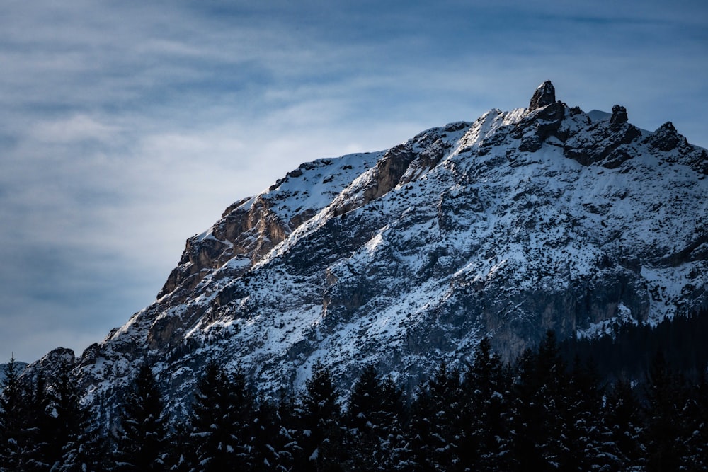 a mountain covered in snow and surrounded by trees