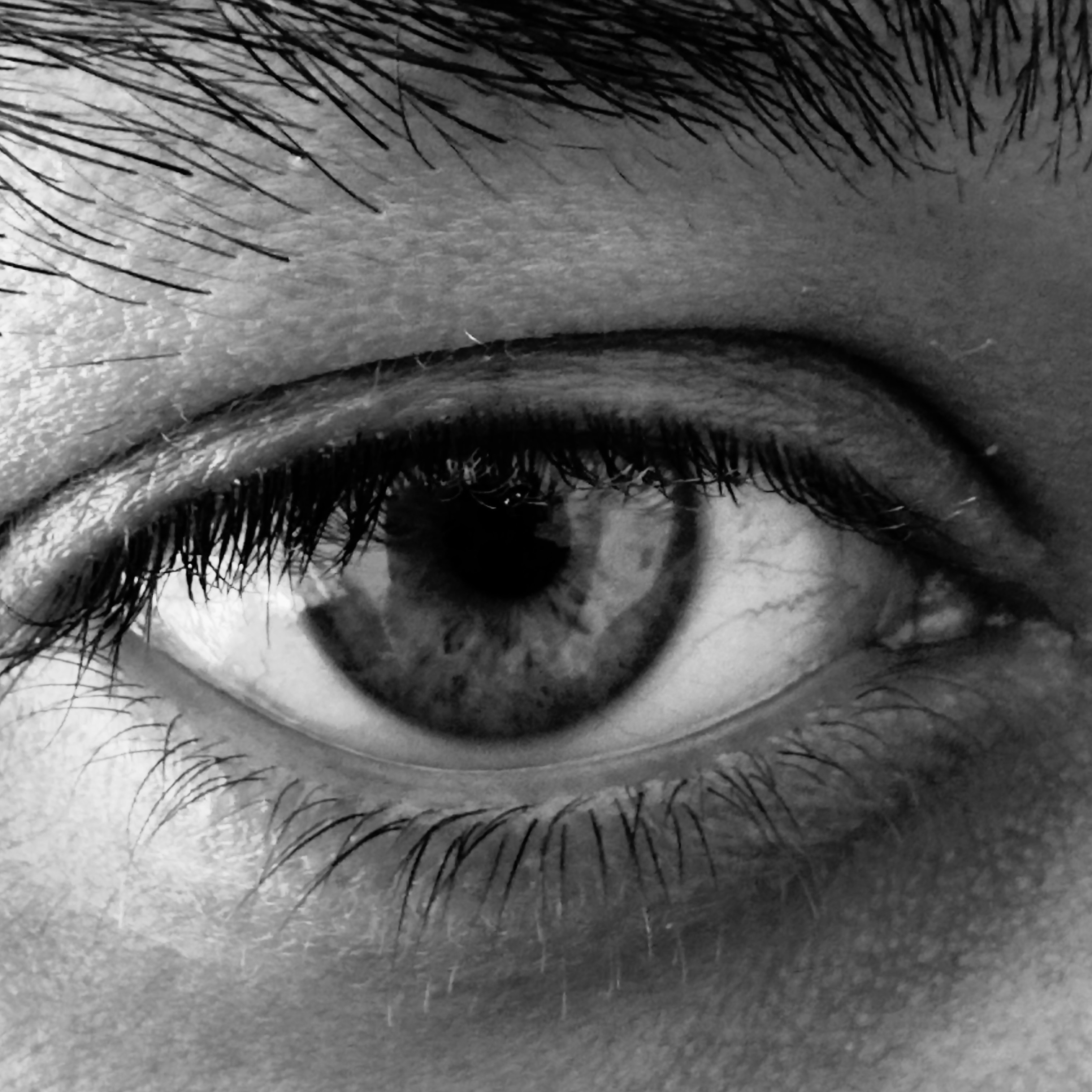 et sort-hvidt foto af et menneskes øje