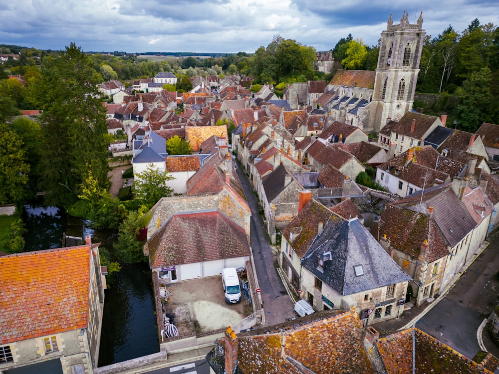 an aerial view of a city with a river running through it