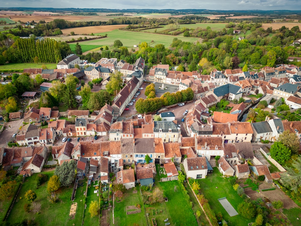 an aerial view of a small village in the countryside