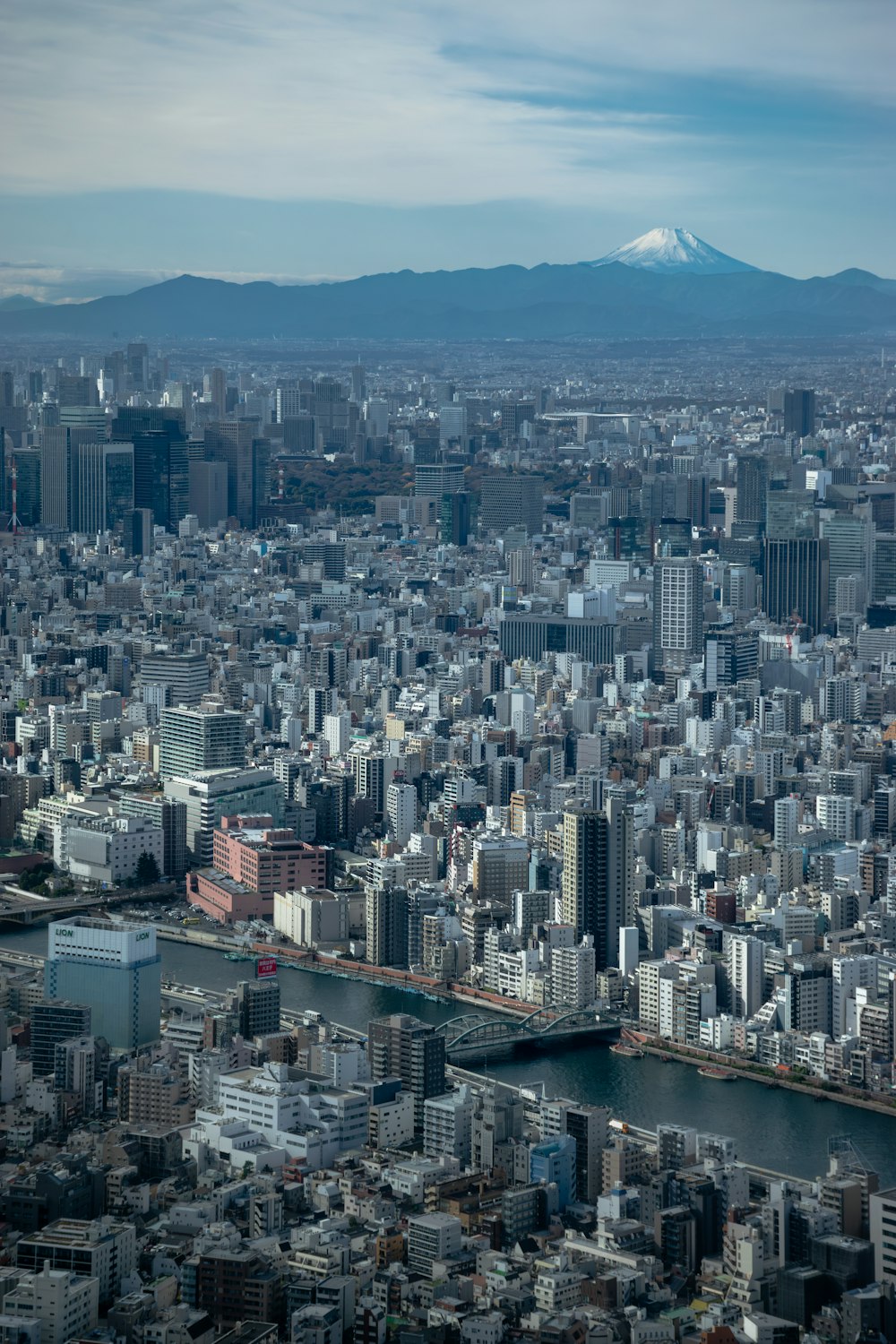 an aerial view of a city with a mountain in the background