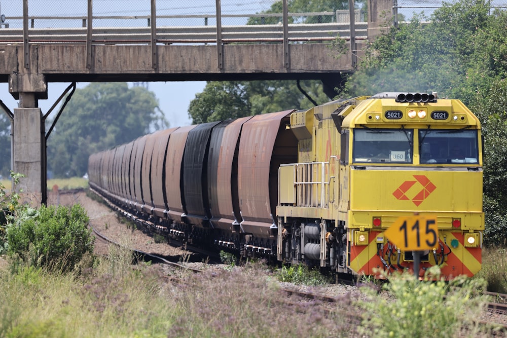 a train traveling down train tracks under a bridge