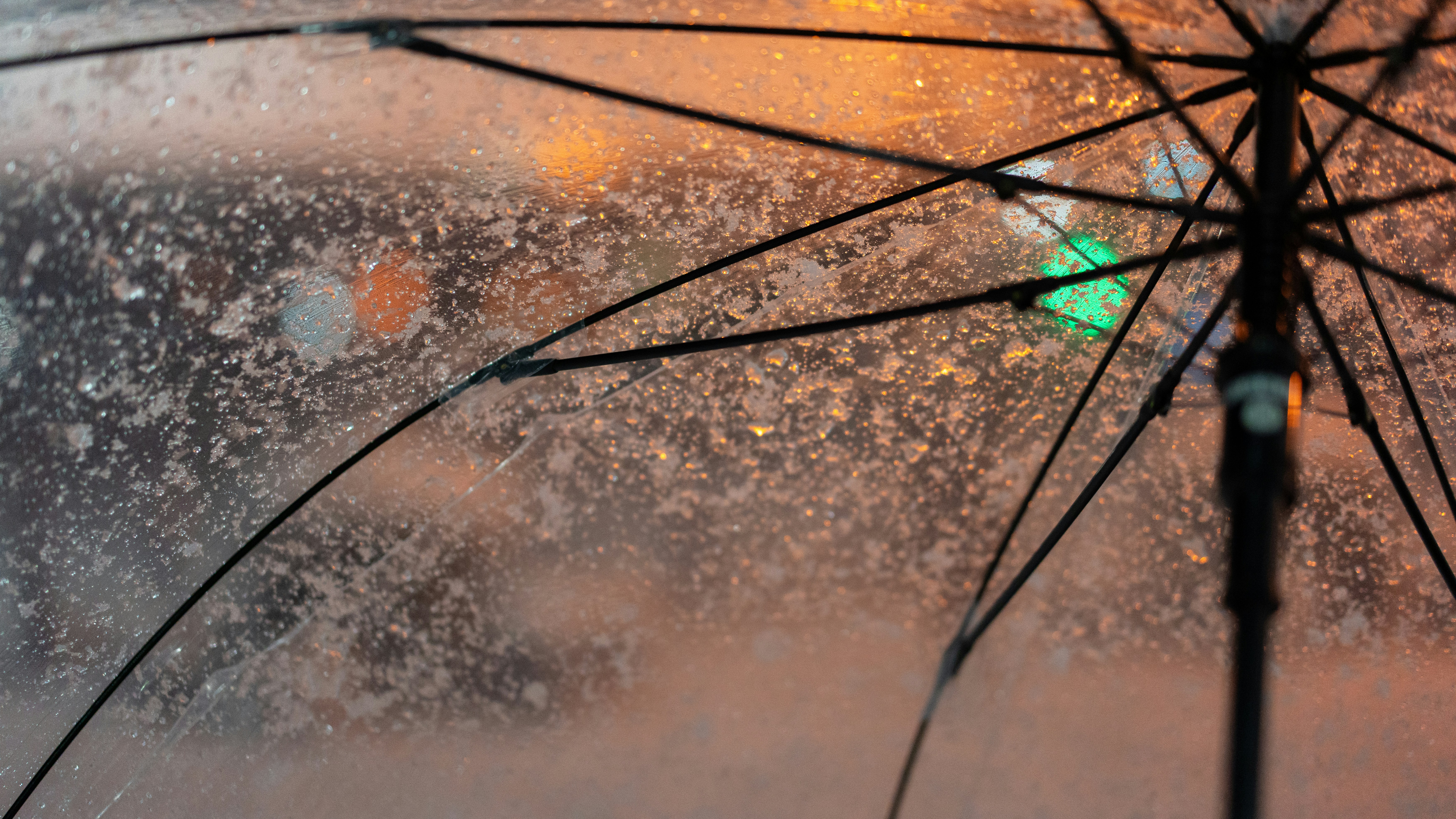 a close up of an open umbrella on a rainy day
