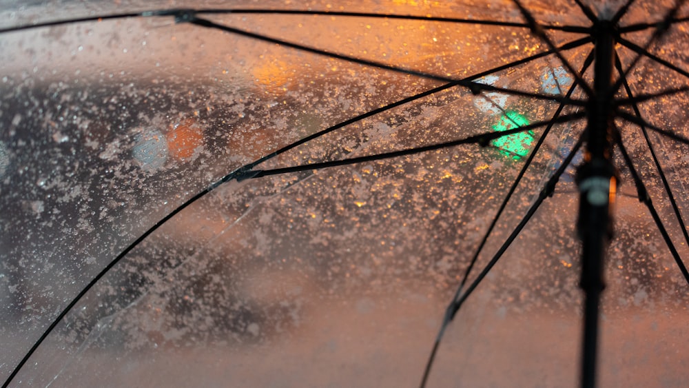 a close up of an open umbrella on a rainy day