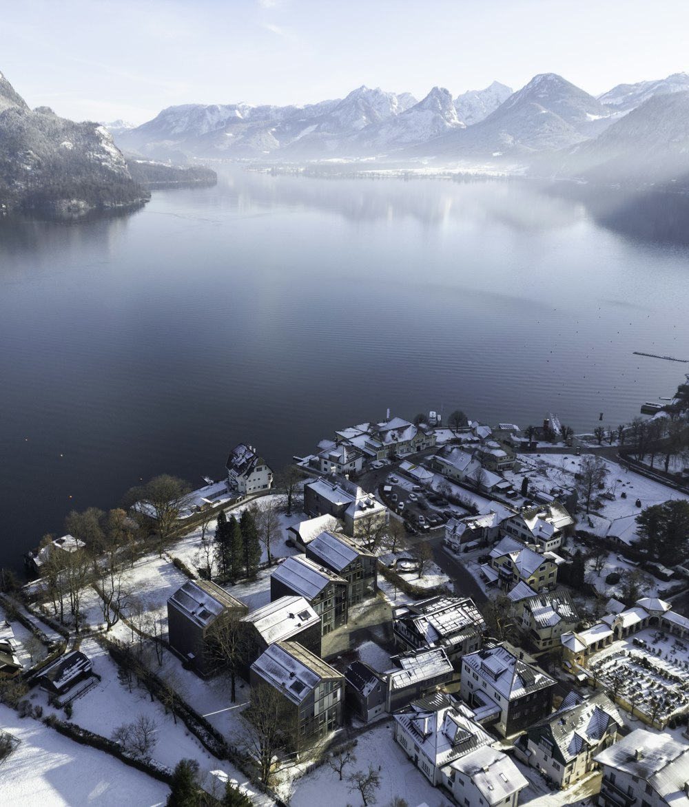 an aerial view of a snow covered town