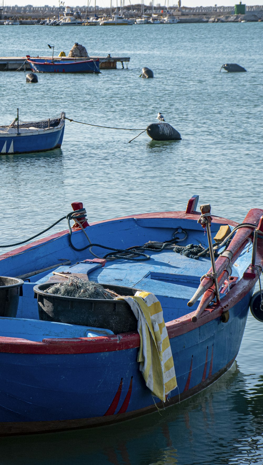 a blue and red boat in a body of water