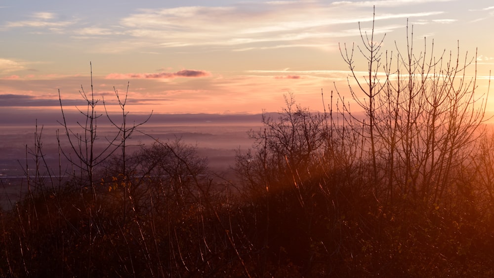 the sun is setting over a foggy landscape