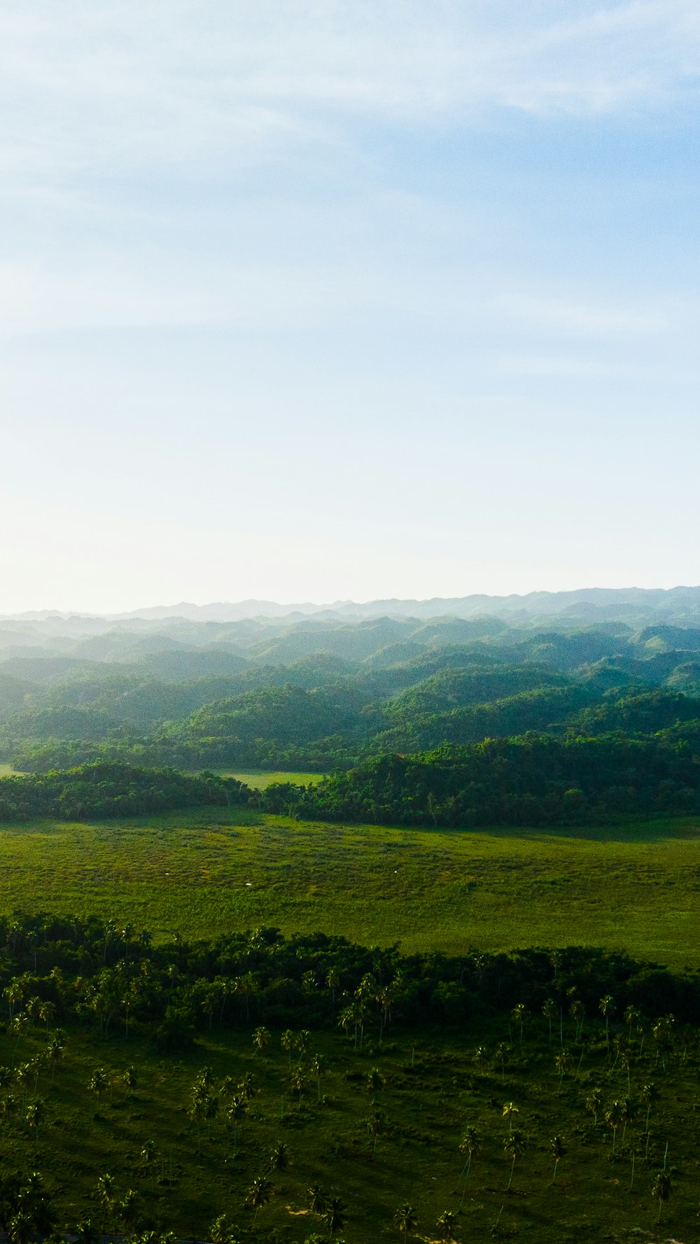 a view of a green valley with mountains in the distance