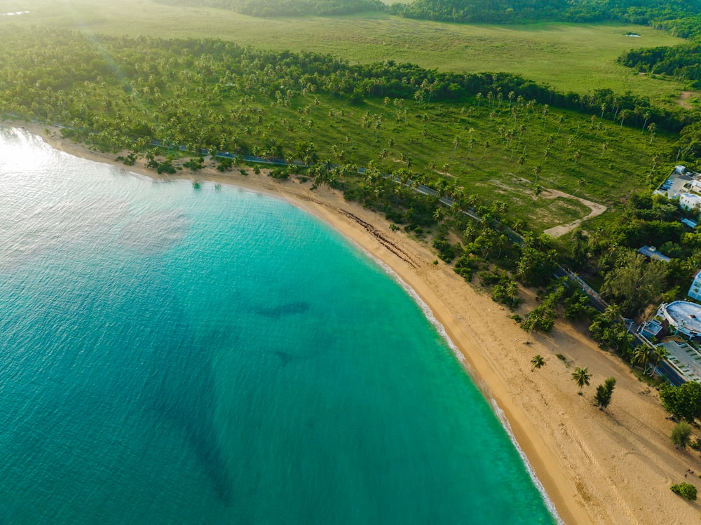 an aerial view of a beach and a resort