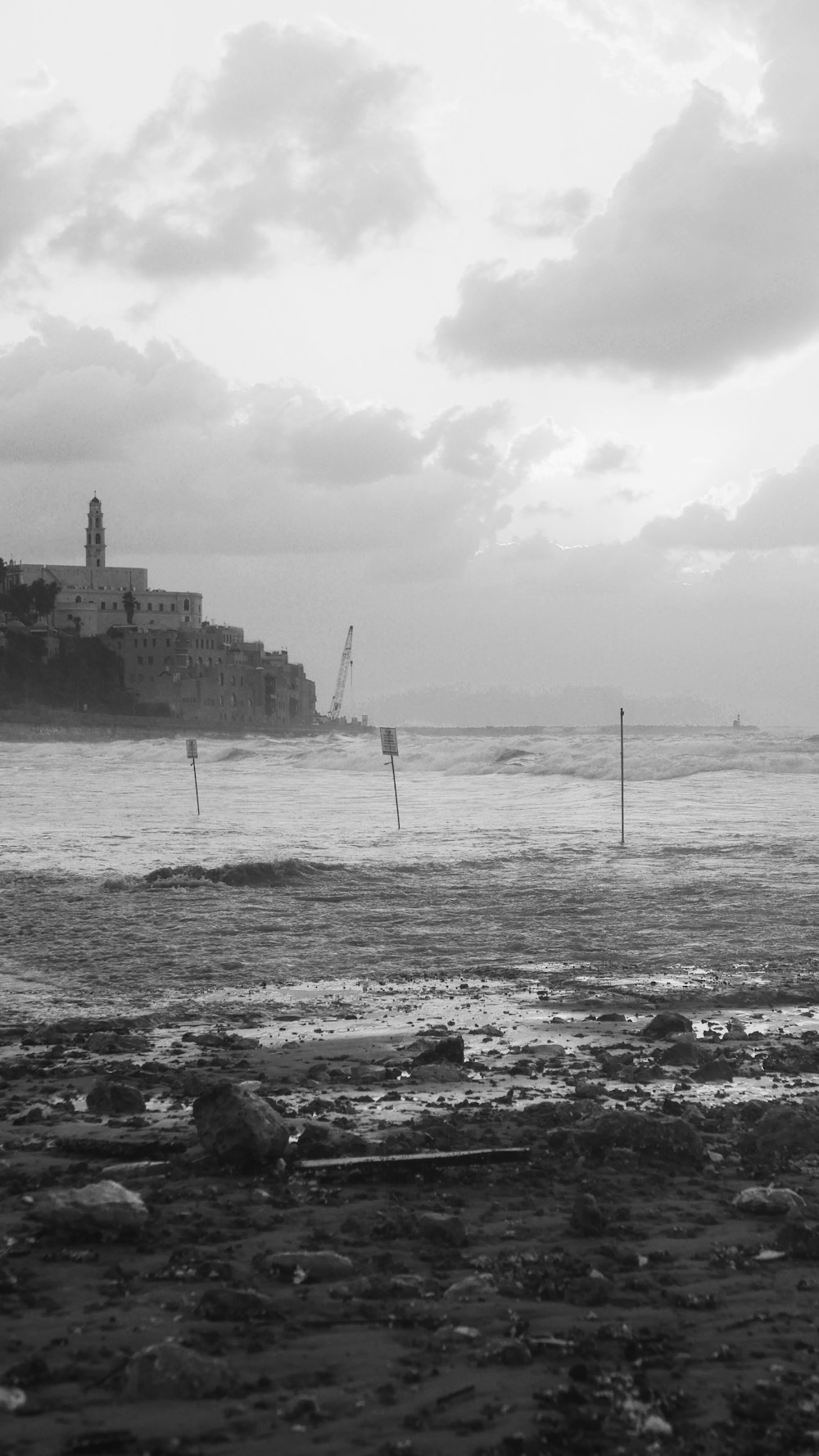 a black and white photo of a beach with a building in the background