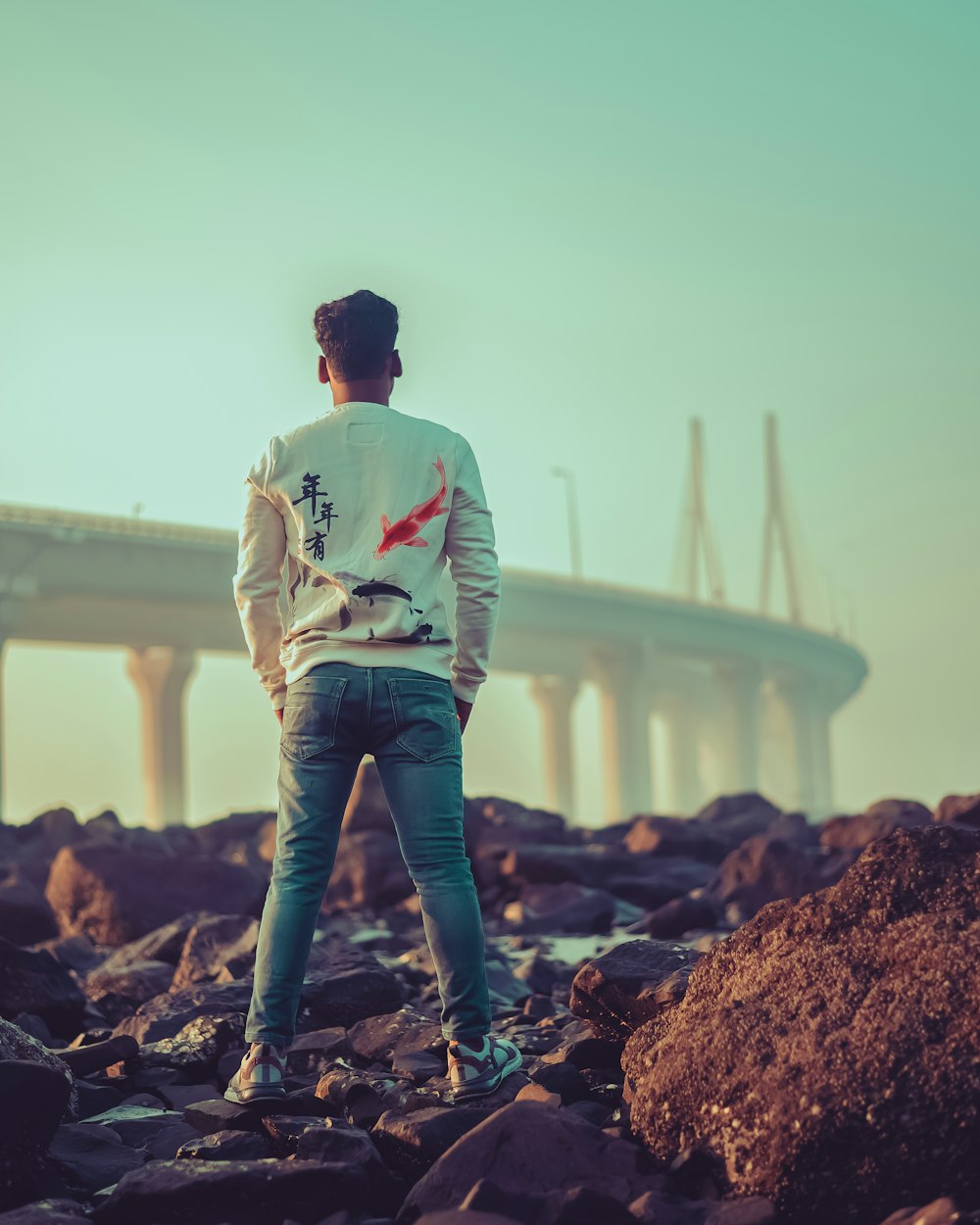 a man standing on rocks looking at a bridge