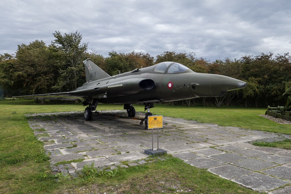 a fighter jet sitting on top of a lush green field