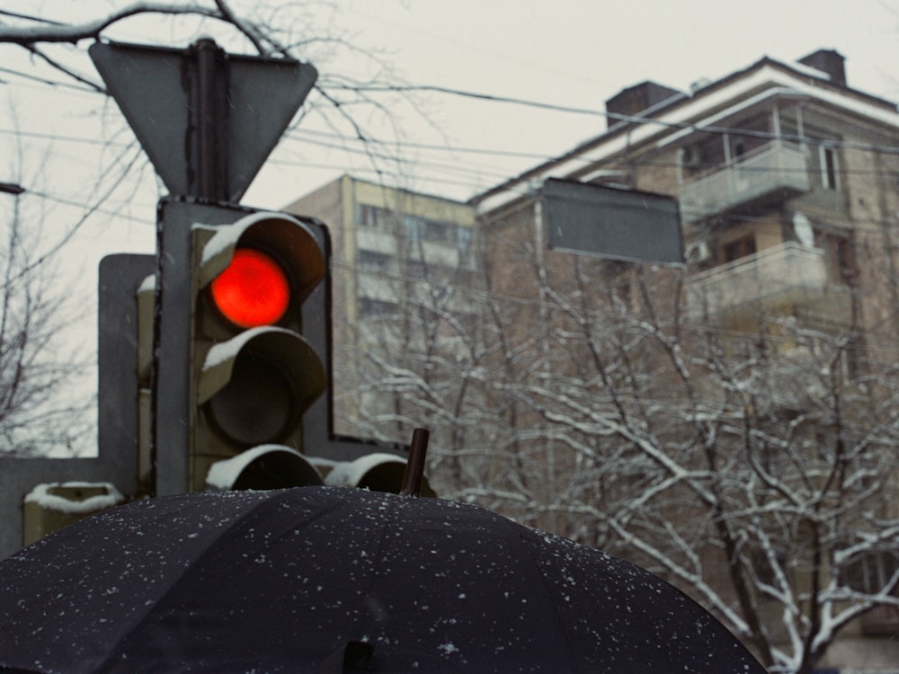 a traffic light with a person holding an umbrella