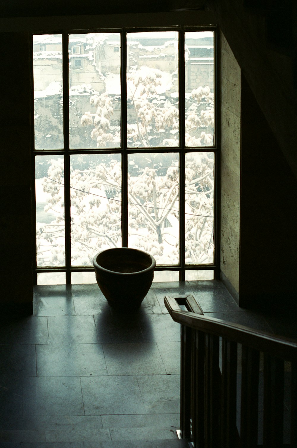 a bowl sitting on the floor in front of a window