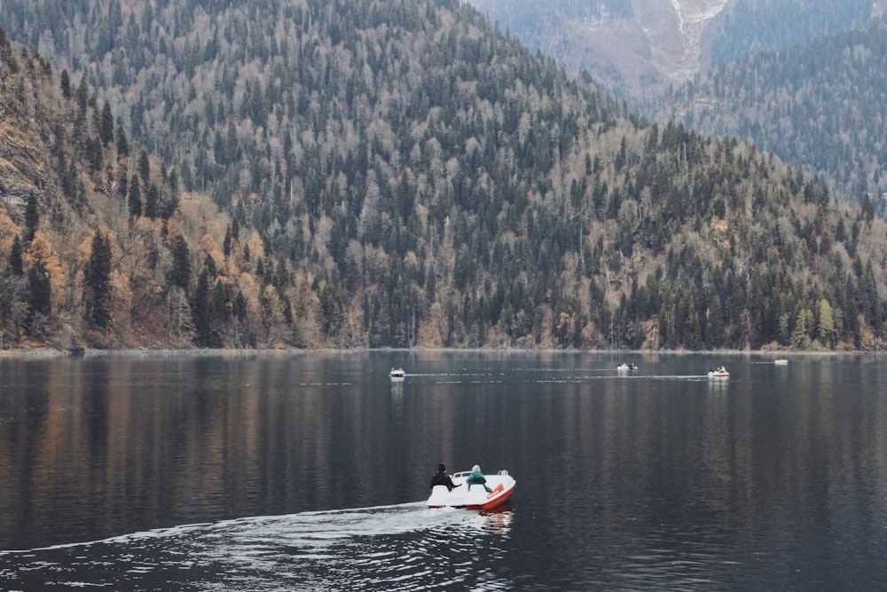 a small boat in a large body of water
