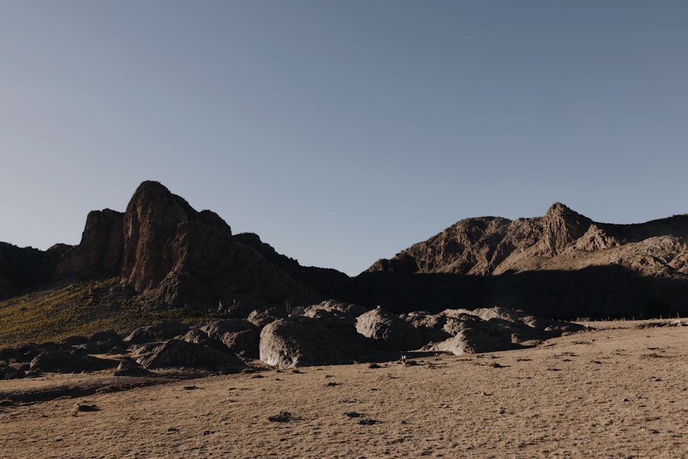 a desert landscape with a mountain range in the background