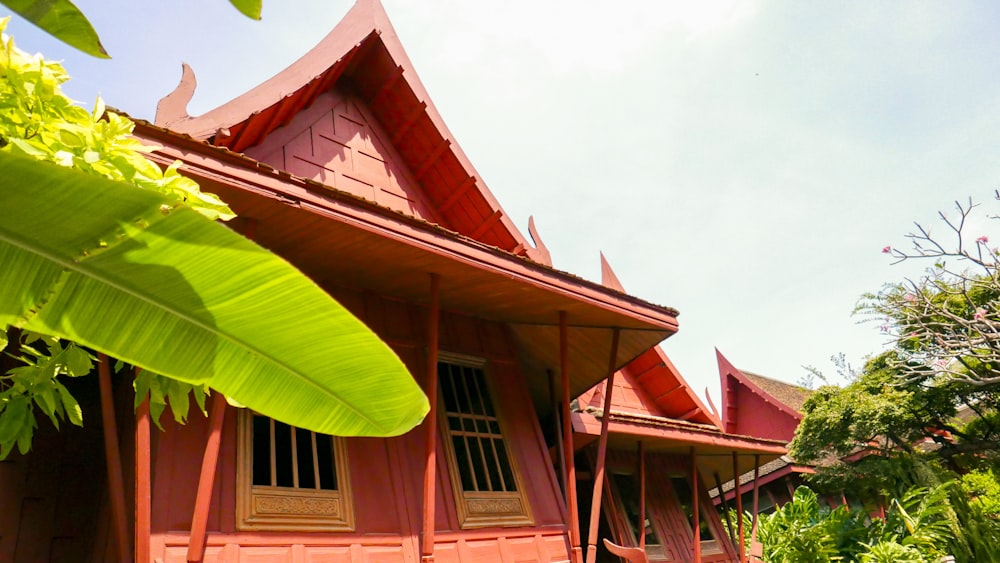 a red building with a large green plant in front of it