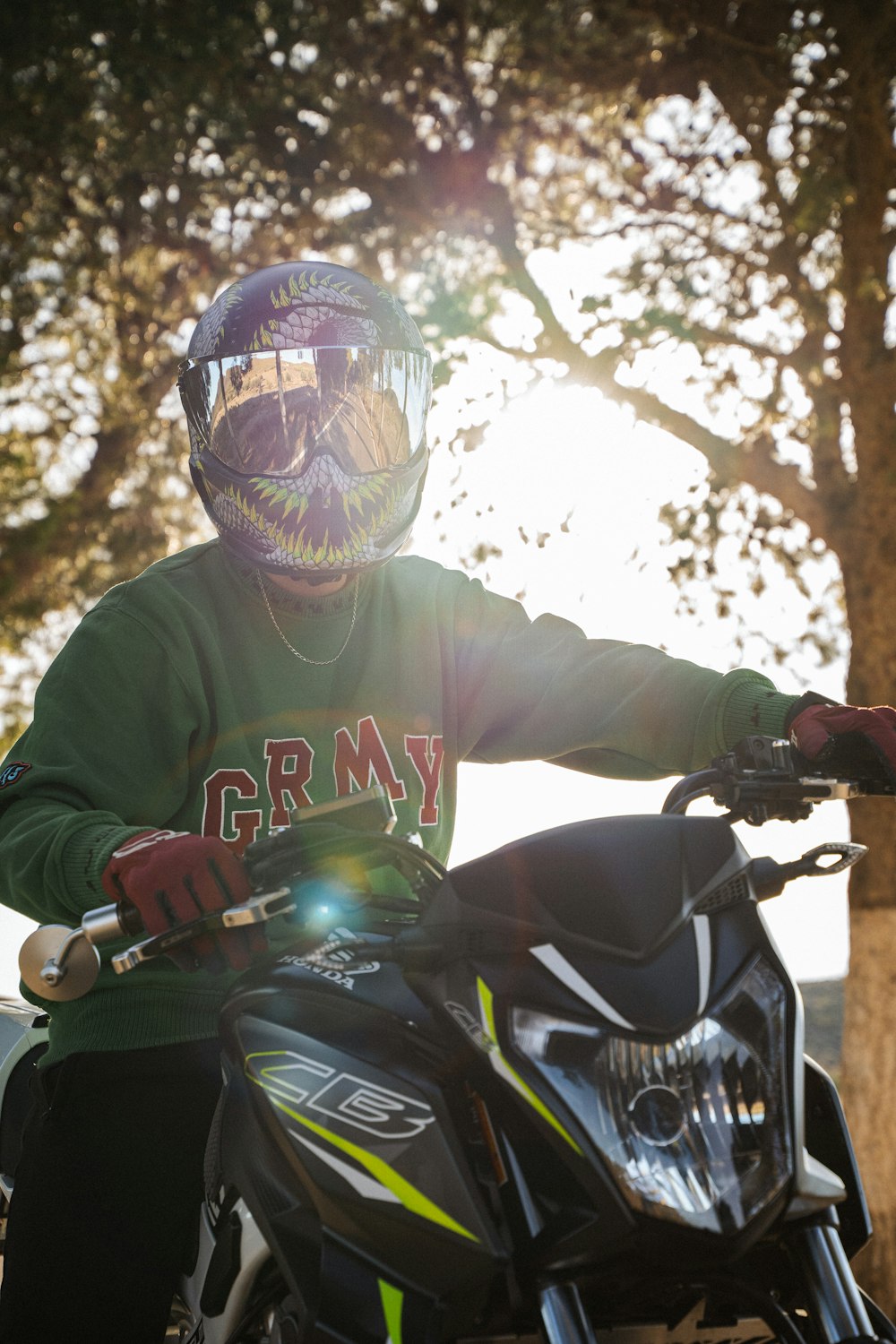 a person wearing a helmet and gloves sitting on a motorcycle