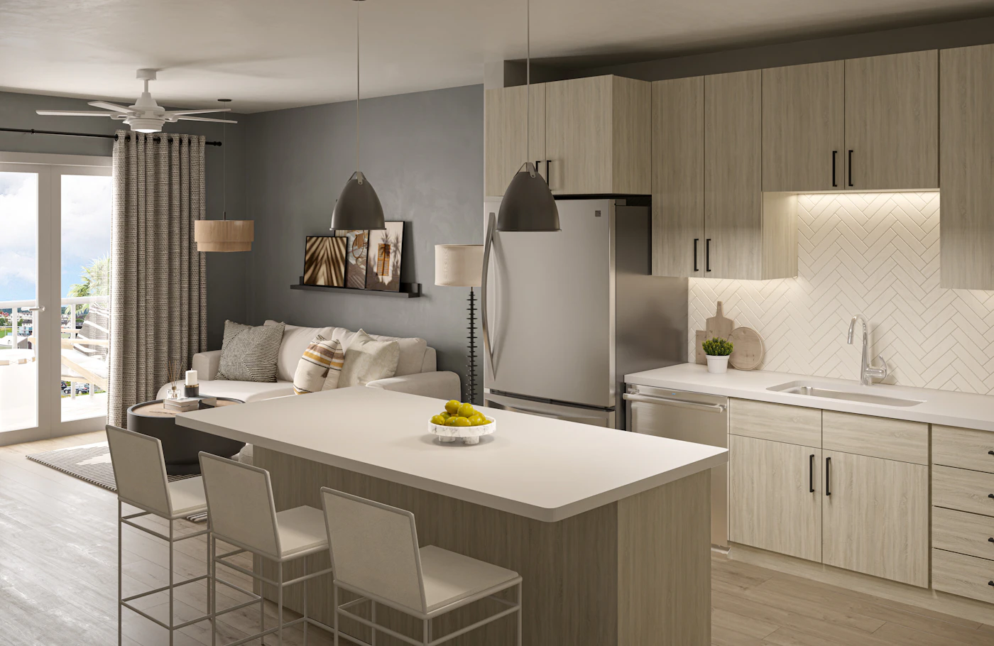 A kitchen opened up to the living area