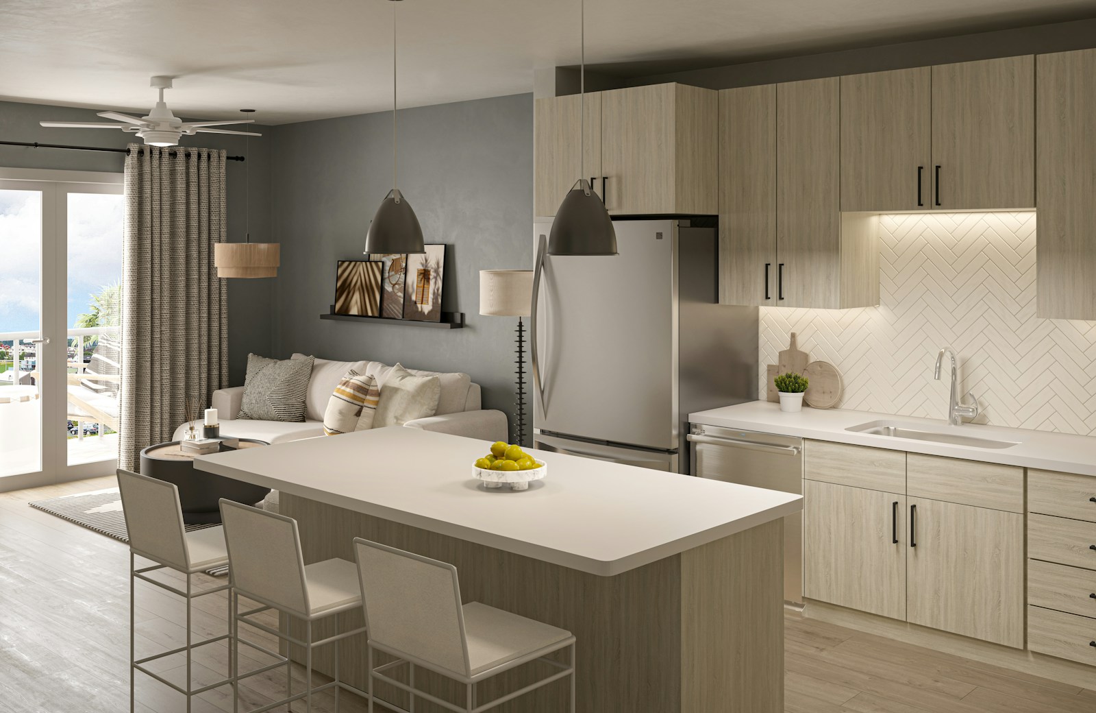 Open-concept main floor with a modern kitchen island, bar stools and adjoining living area