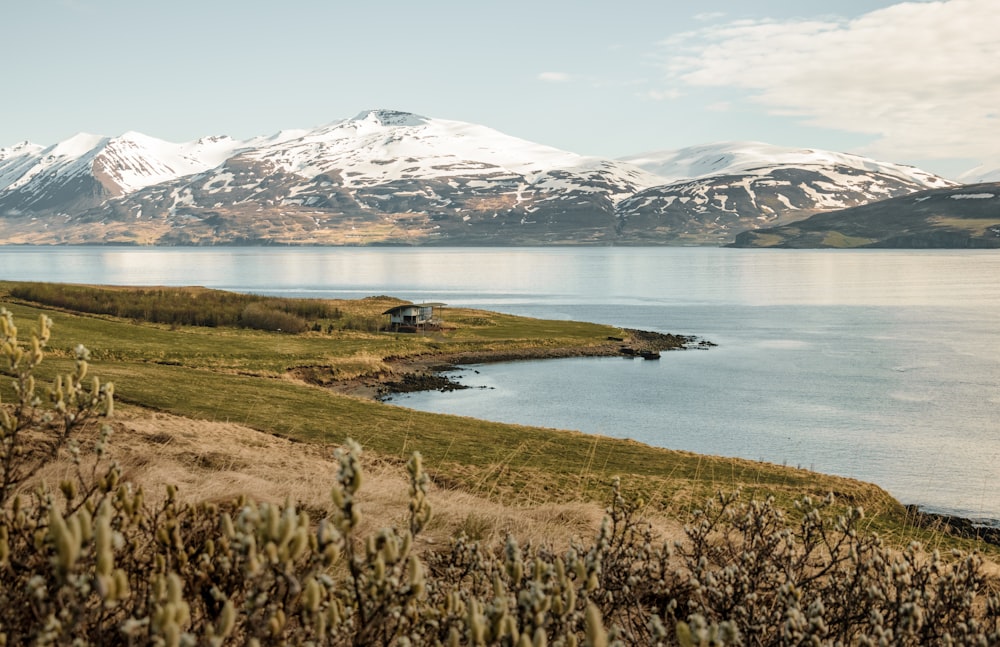 a body of water surrounded by snow covered mountains