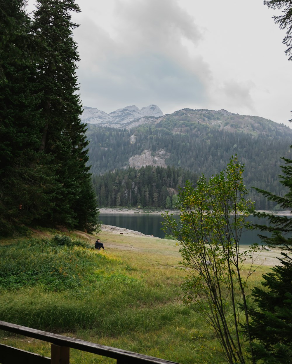 a view of a mountain with a lake in the foreground