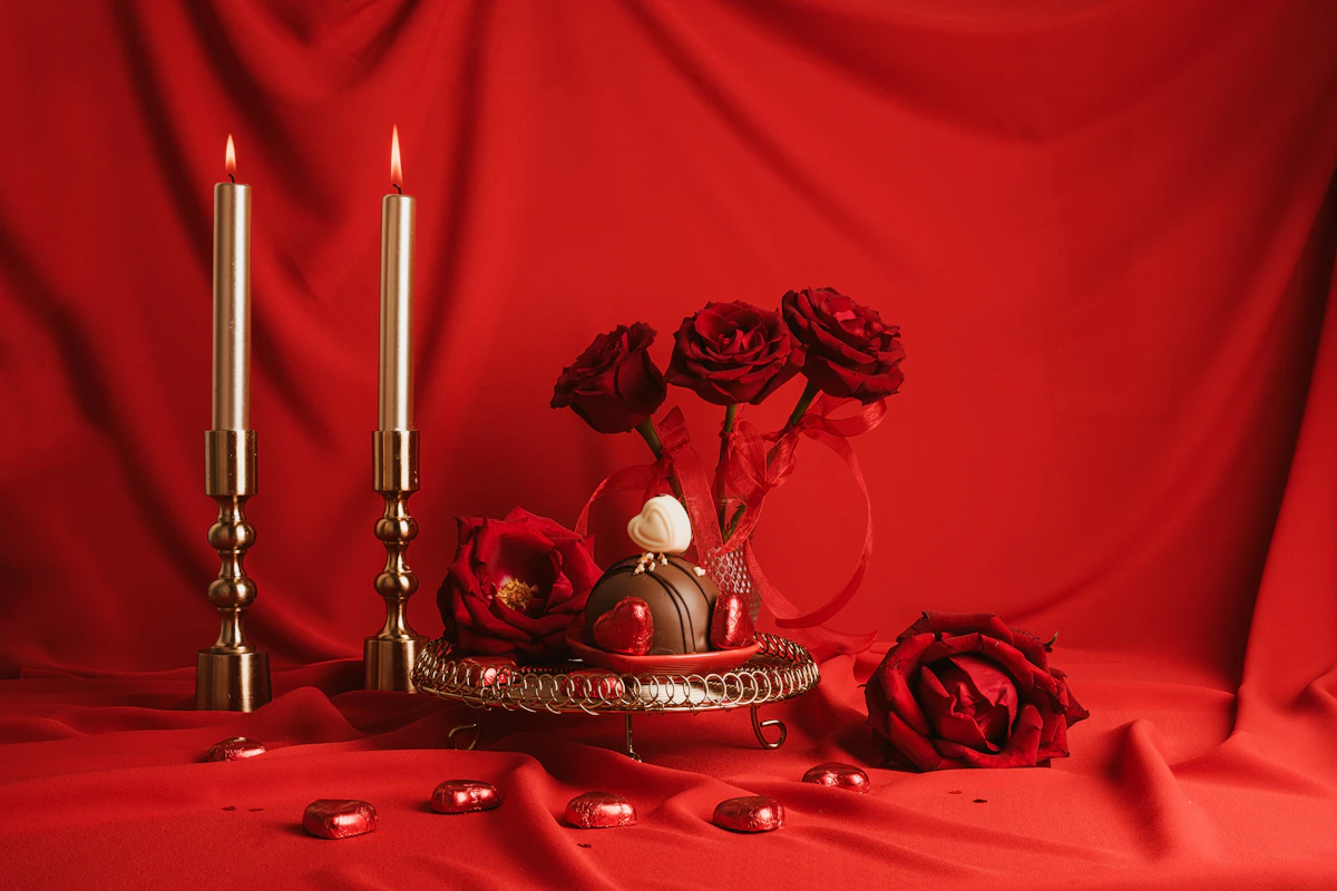 Velas encendidas y pétalos sobre una mesa cálida, preparados para un ritual de amor en casa