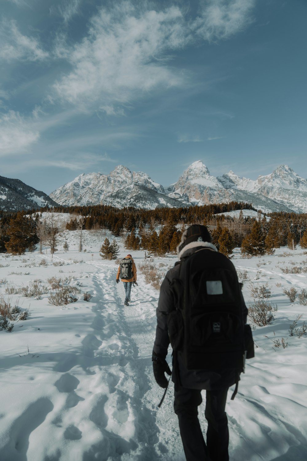 a couple of people walking across a snow covered field