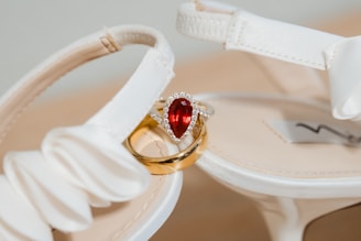 a close up of a pair of shoes with a ring