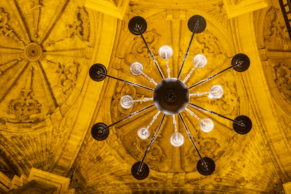 a chandelier hanging from the ceiling of a building