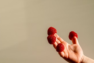 a person holding raspberries in their hand