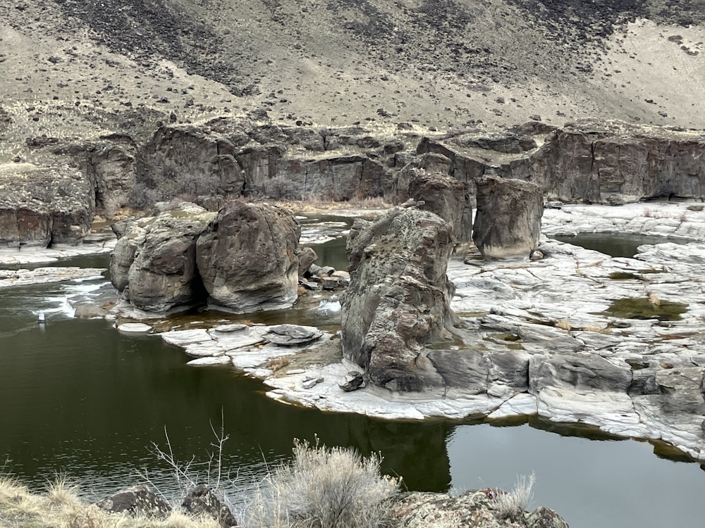 a body of water surrounded by rocks and snow