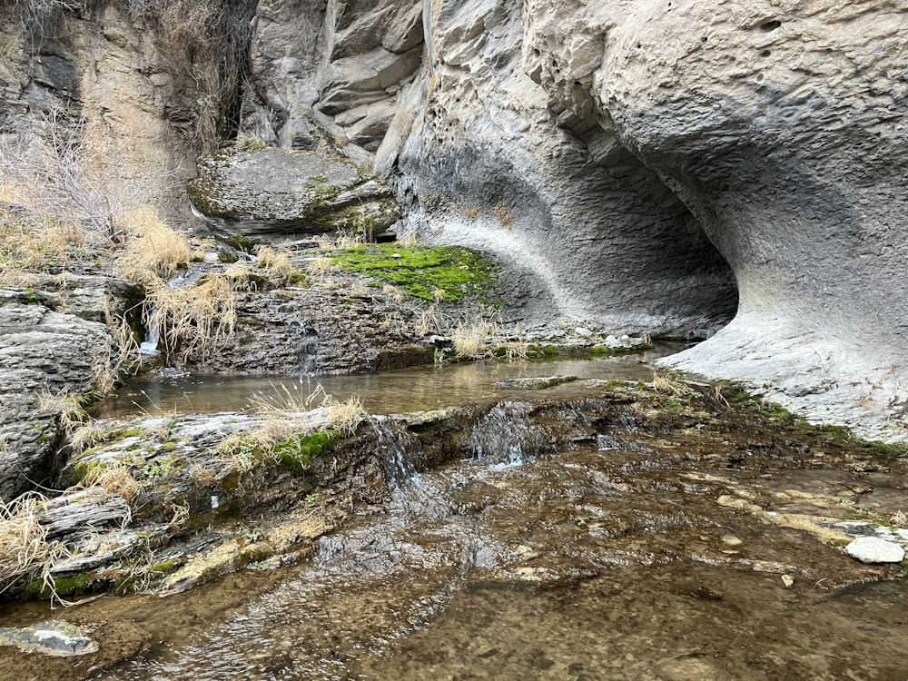 a small stream running through a rocky canyon