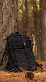 a black backpack sitting next to a tree in the woods