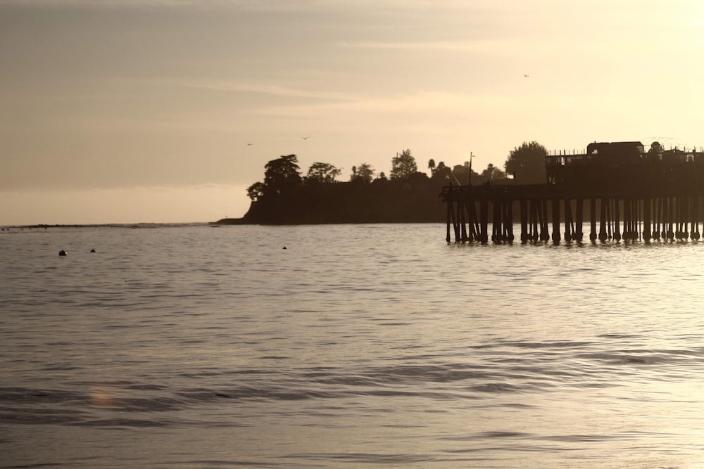 a large body of water with a pier in the background