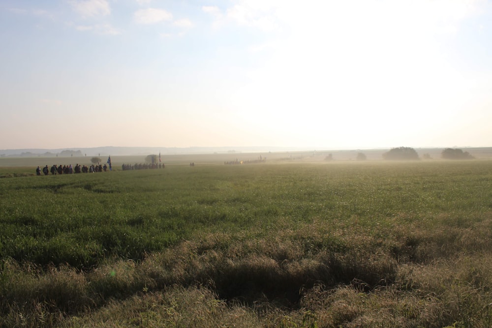 a group of people walking across a lush green field