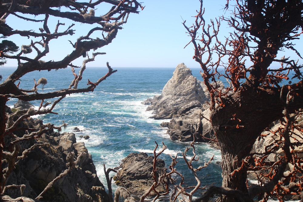 a view of the ocean from a rocky cliff