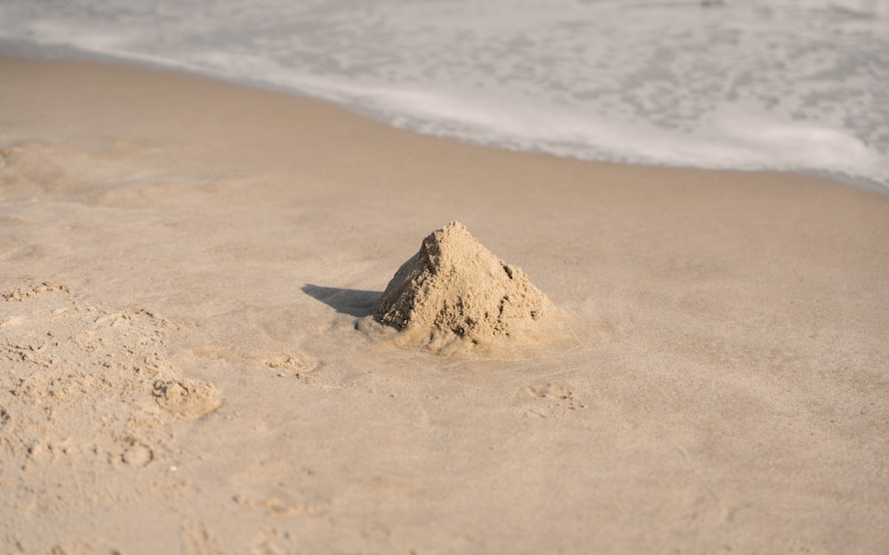 eine Sandburg an einem Strand in der Nähe des Ozeans