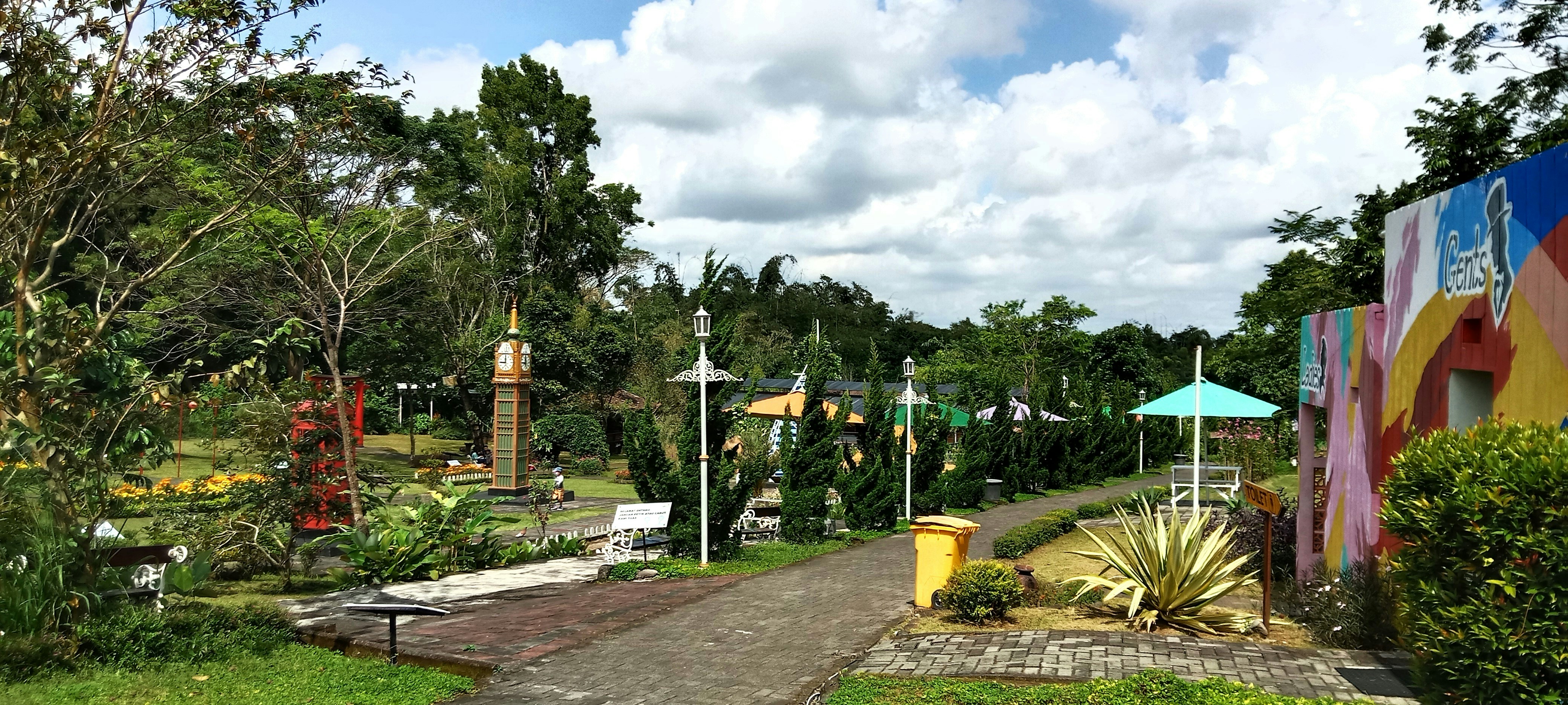 a pathway in a park with lots of trees and plants