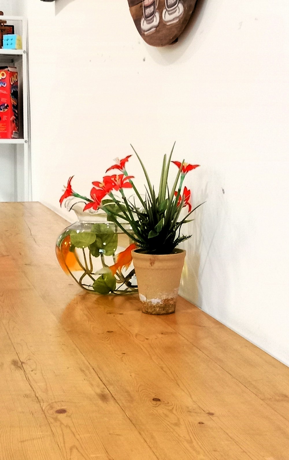 a wooden table topped with a potted plant