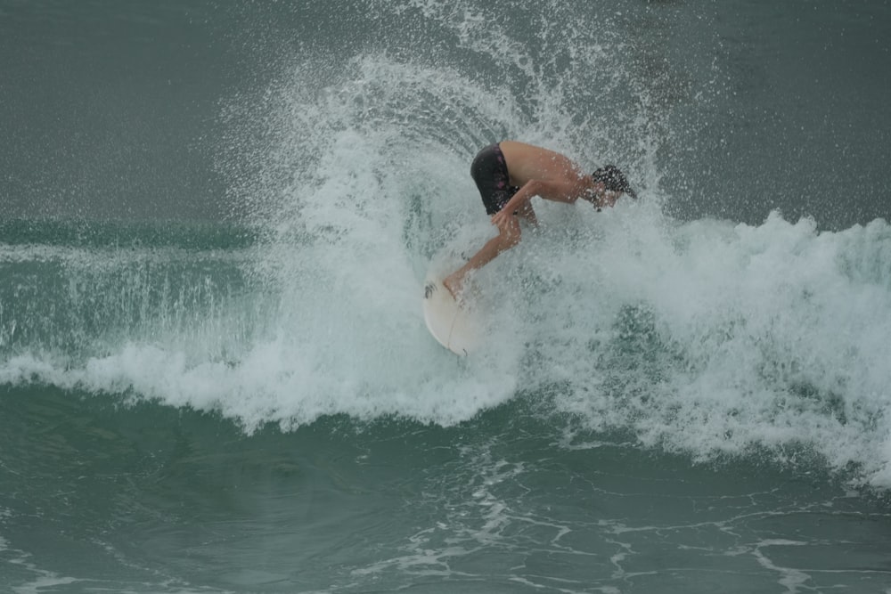 a man riding a wave on top of a surfboard