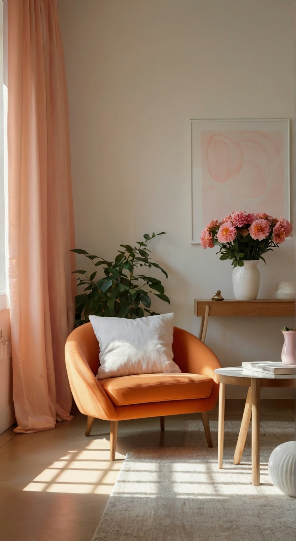 a living room with a chair and a vase of flowers