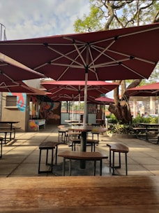 a group of tables with umbrellas over them