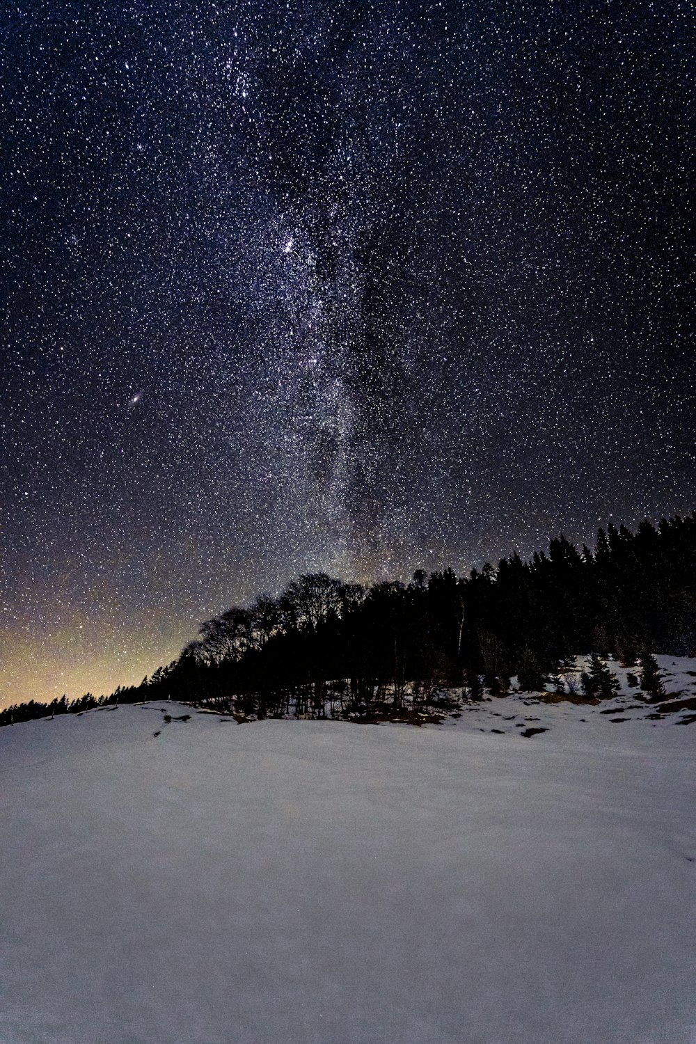 the night sky is filled with stars above a snowy field